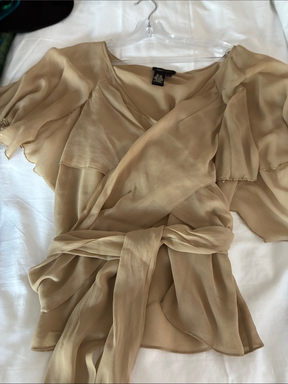 BCBGMAXAZRIA 100% Silk Camel Blouse with Cape Overlay